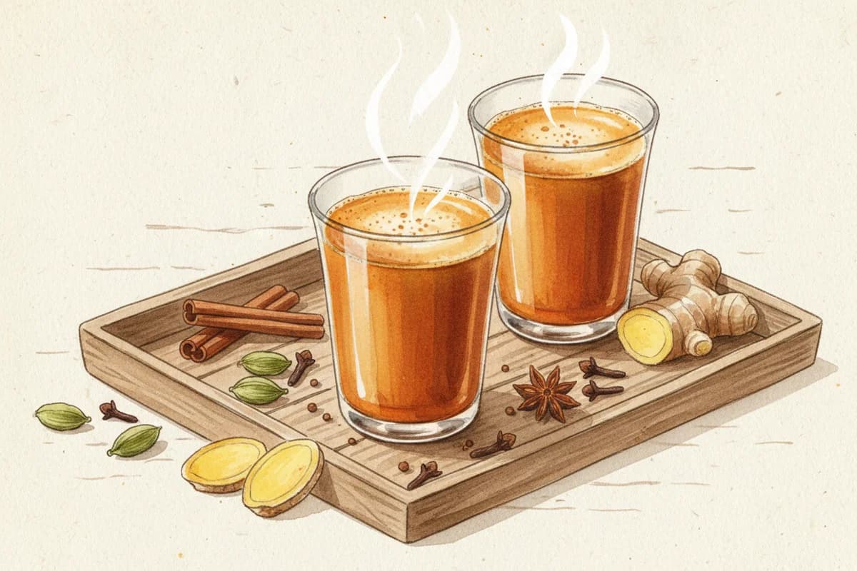 Two glass cups of steaming masala chai with whole spices scattered around them