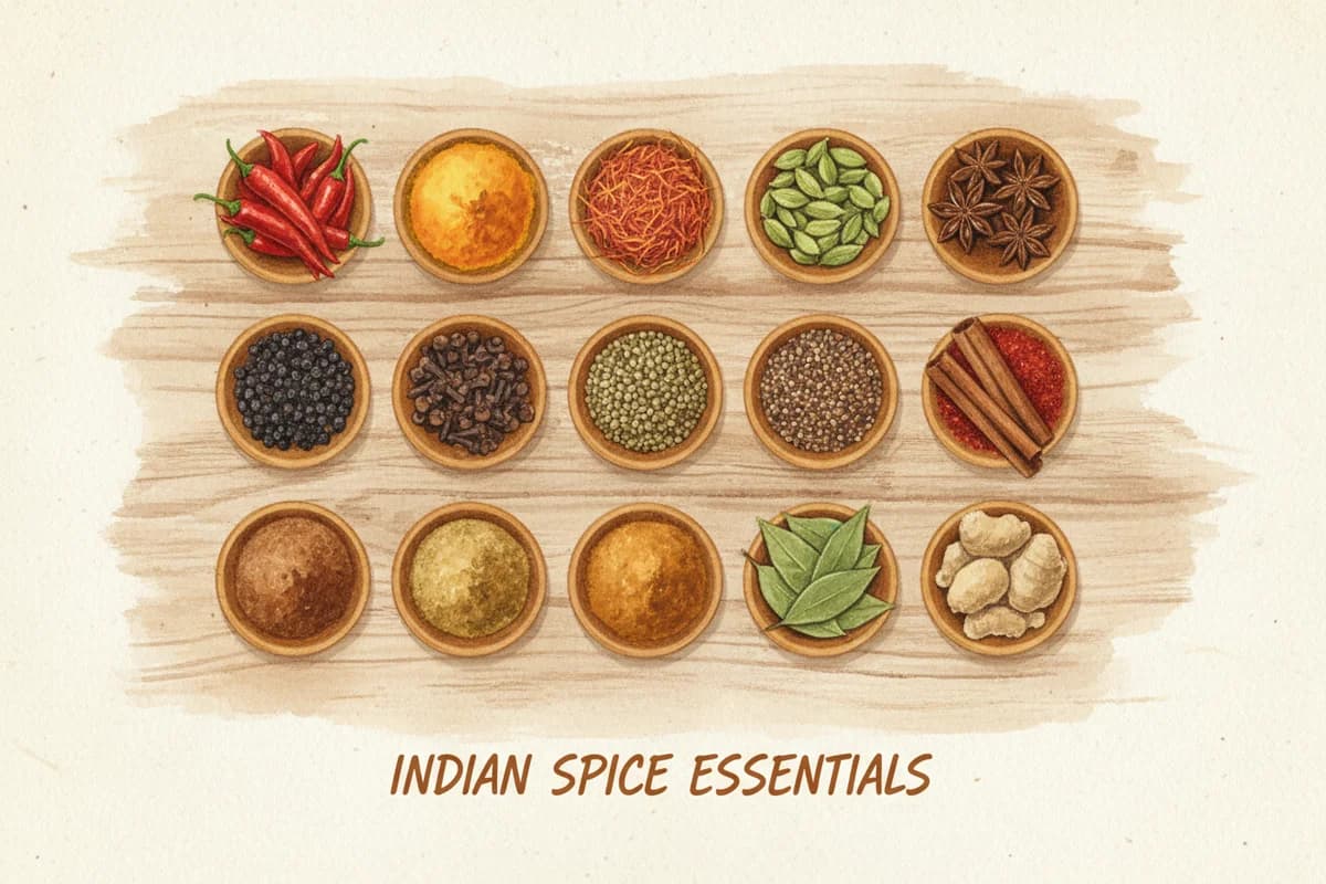 Fifteen essential Indian spices arranged in small bowls on a wooden surface