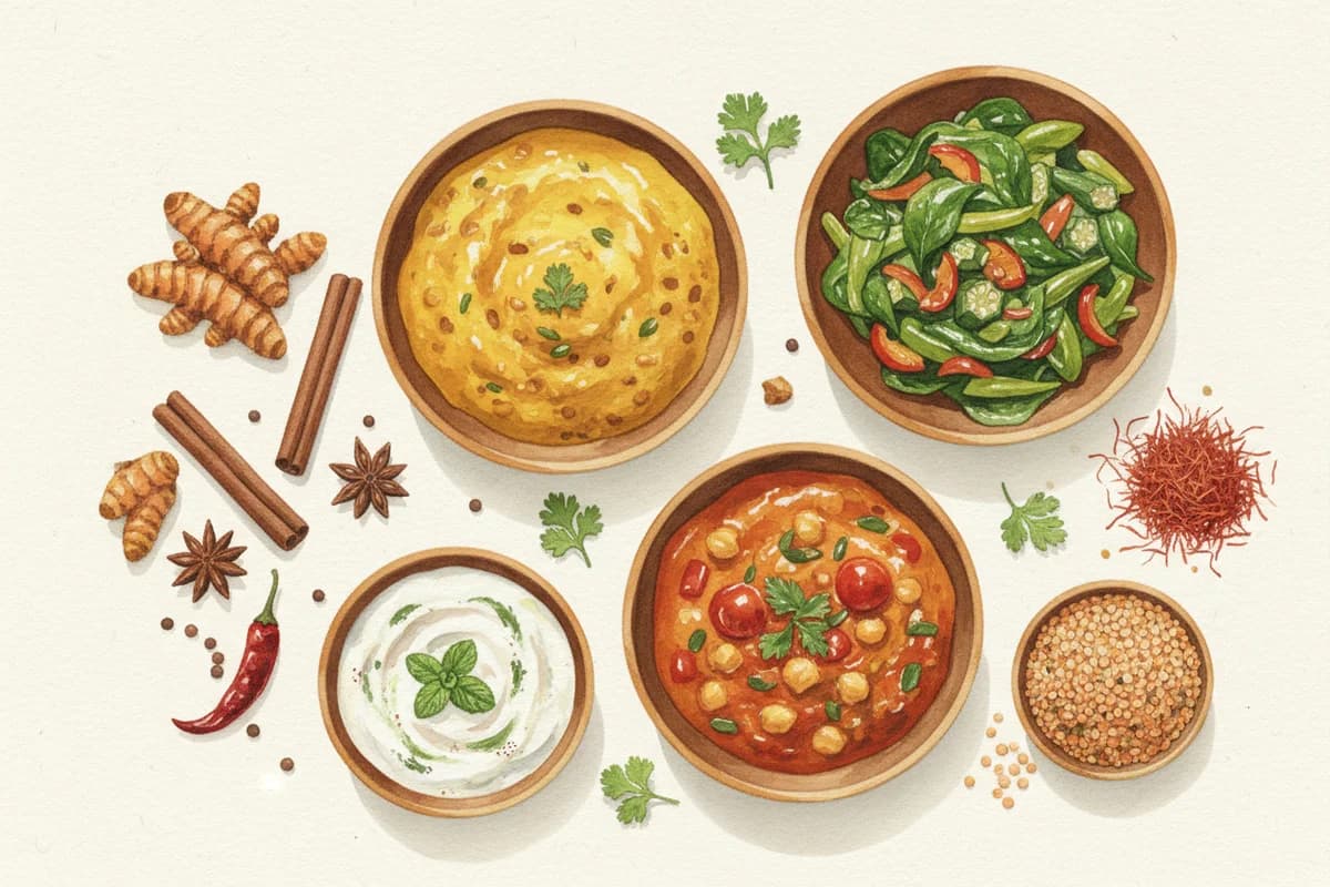 A colorful spread of healthy Indian foods including dal, vegetables, and spices