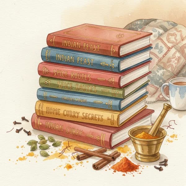 Watercolor illustration of a stack of Indian cookbooks with spices scattered around