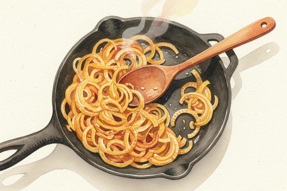 Deeply golden caramelized onions in a pan with a wooden spoon