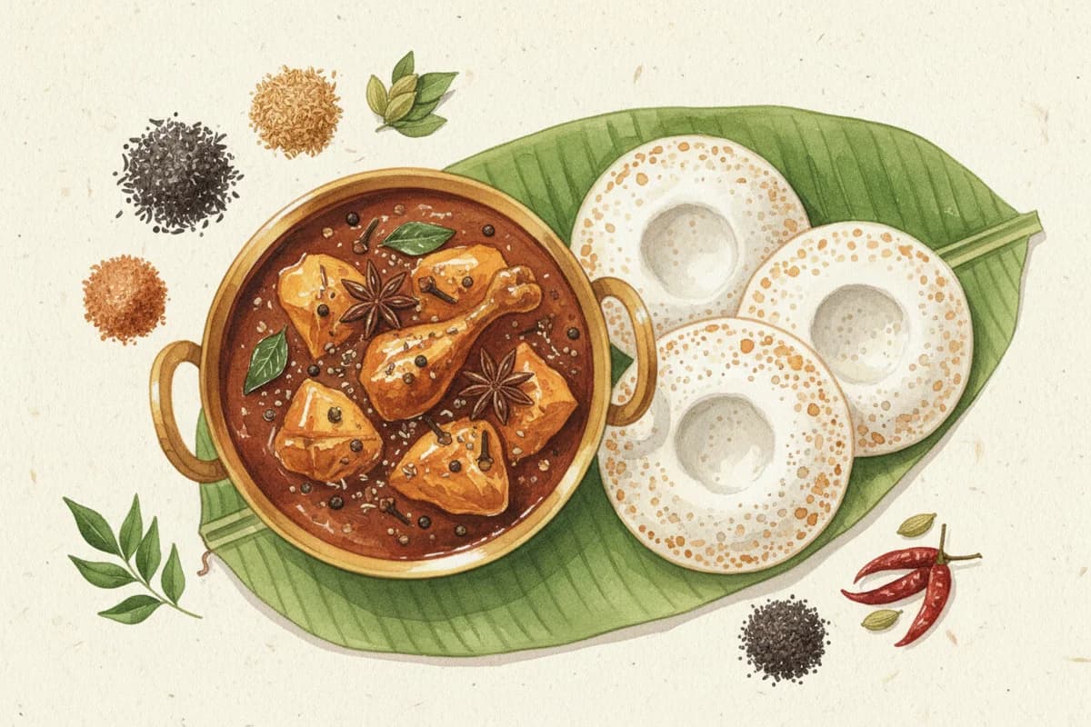 A Chettinad chicken curry with whole spices on a banana leaf