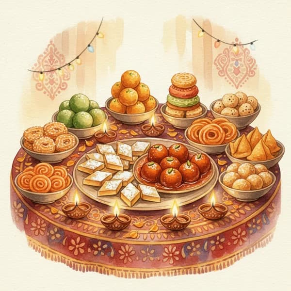 Watercolor illustration of a festive Diwali spread with sweets, diyas, and colorful dishes