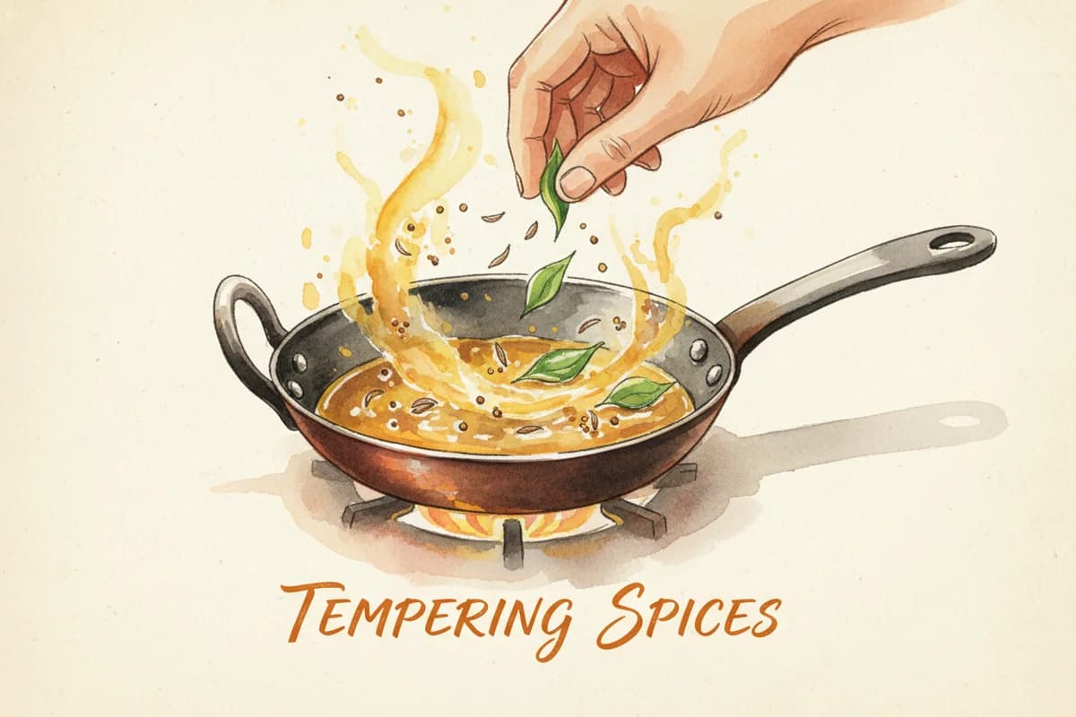 Cumin seeds sizzling in hot ghee in a small tempering pan