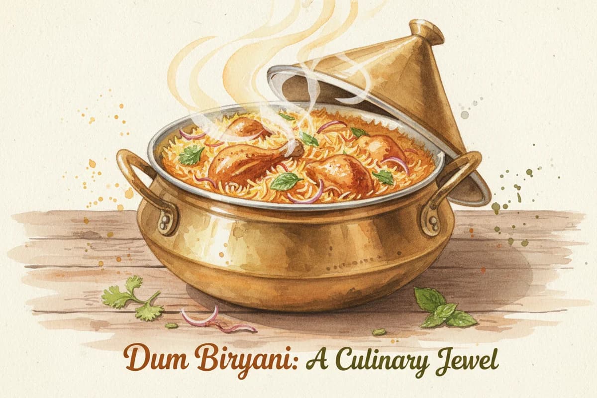 A pot of chicken biryani with saffron rice, fried onions, and fresh herbs