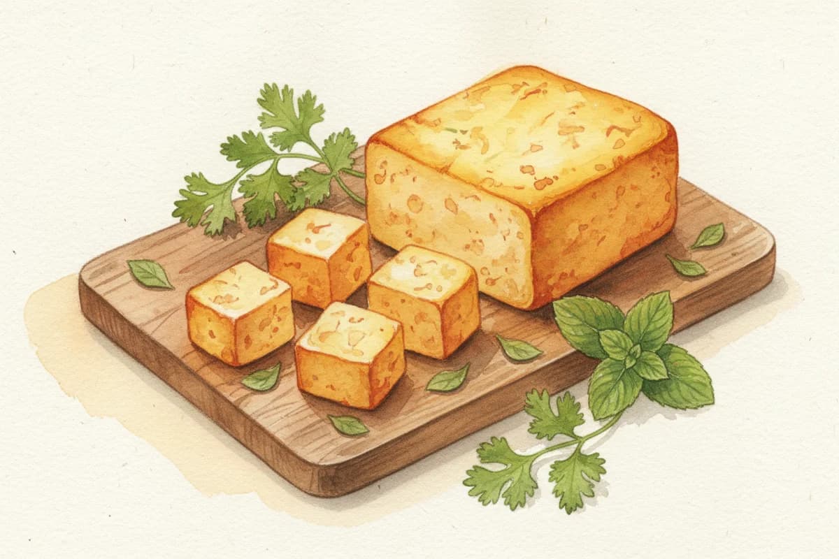 Fresh cubes of white paneer on a wooden cutting board