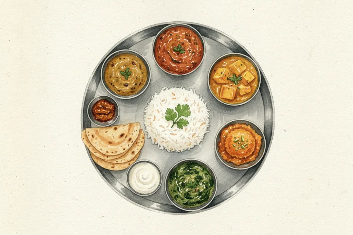 A traditional Indian thali with multiple small bowls of curries, rice, roti, dal, and accompaniments
