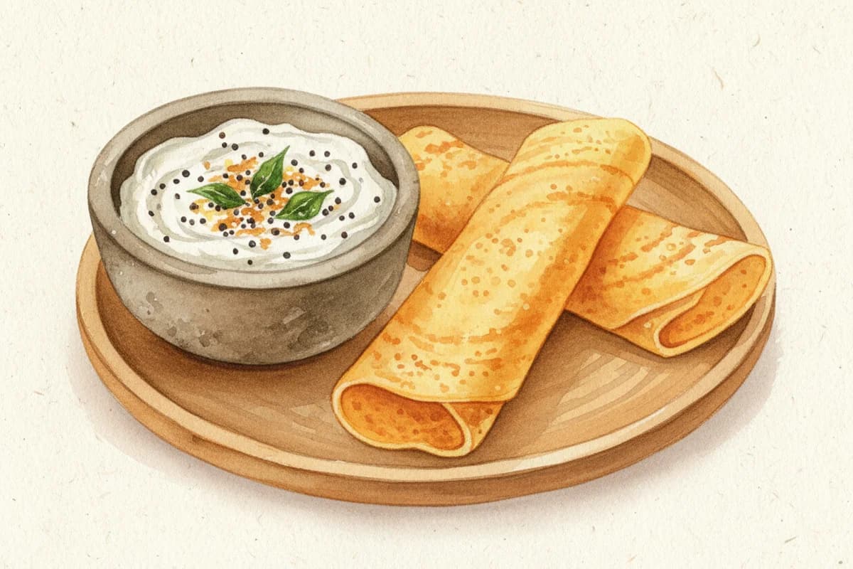 A small stone bowl of white coconut chutney with mustard seed and curry leaf tempering, alongside golden dosas