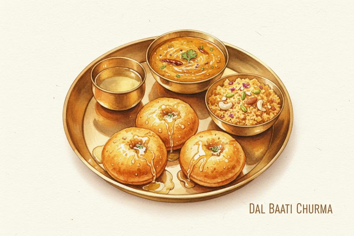 A brass plate with golden baati balls, rich panchmel dal, and crumbled churma with ghee drizzle