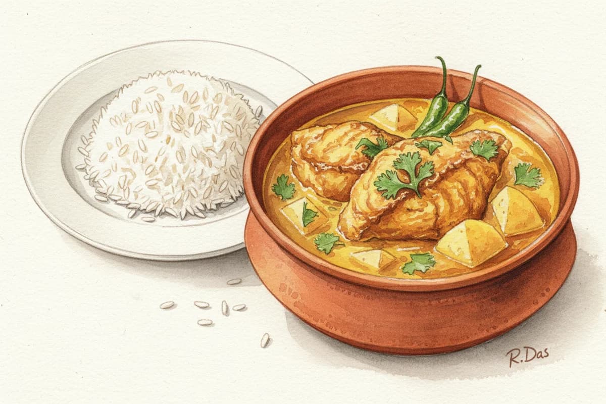 A clay bowl of golden Bengali fish curry with pieces of rohu fish and potato in a light turmeric broth