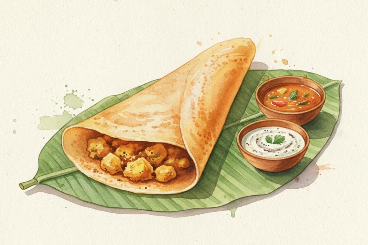 Golden crispy masala dosa on a steel plate with coconut chutney and sambar