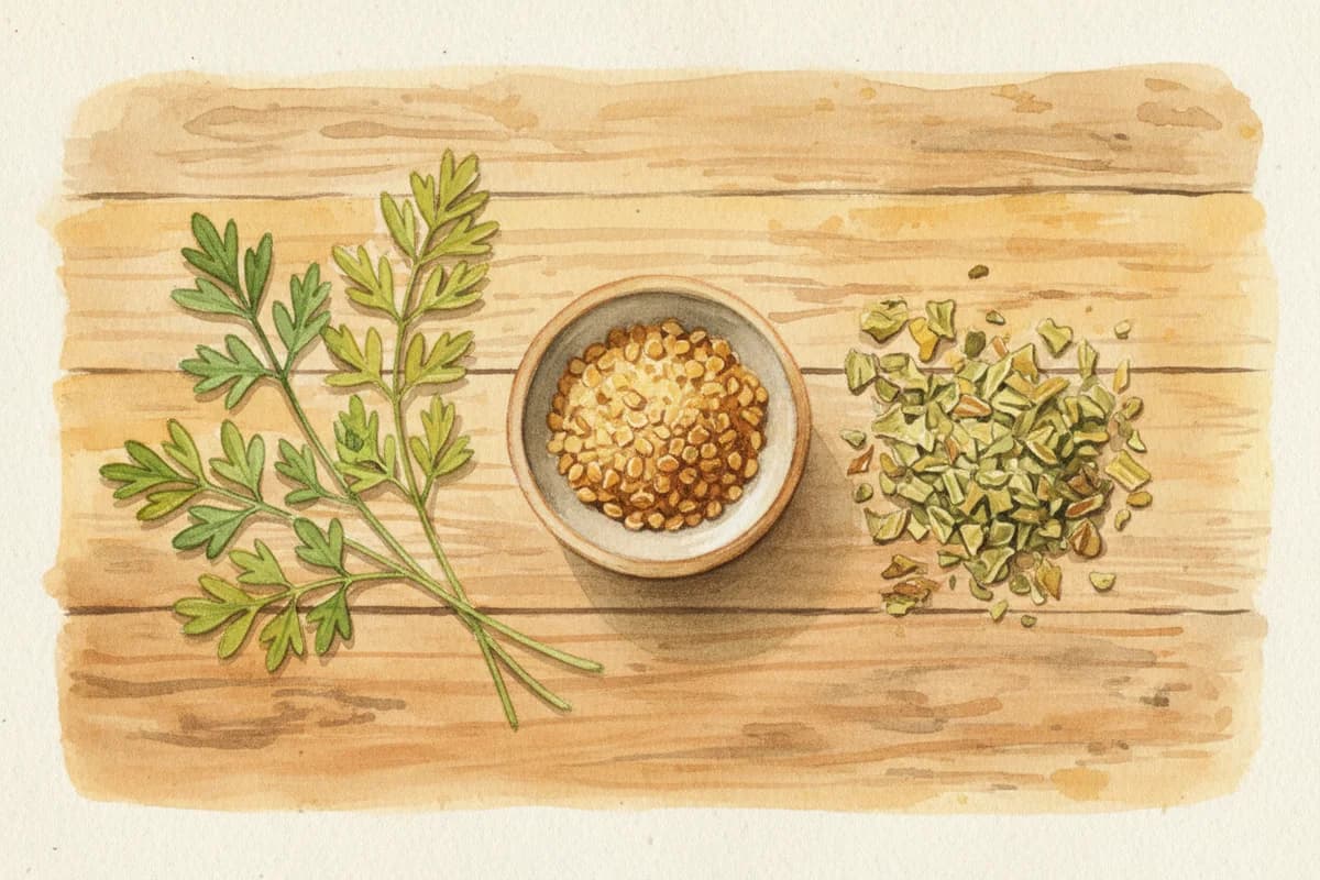 Fenugreek seeds and fresh methi leaves arranged on a wooden surface