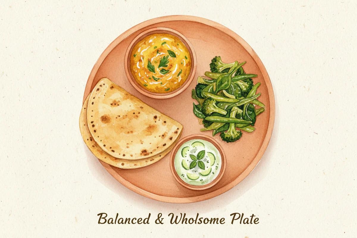 A balanced Indian diabetic-friendly plate with whole grain roti, dal, green vegetables, and measured portions