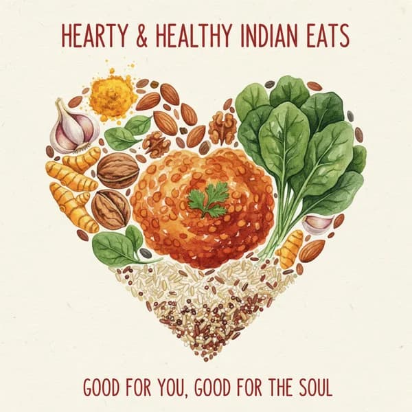 Watercolor illustration of heart-healthy Indian foods including lentils, vegetables, and whole grains