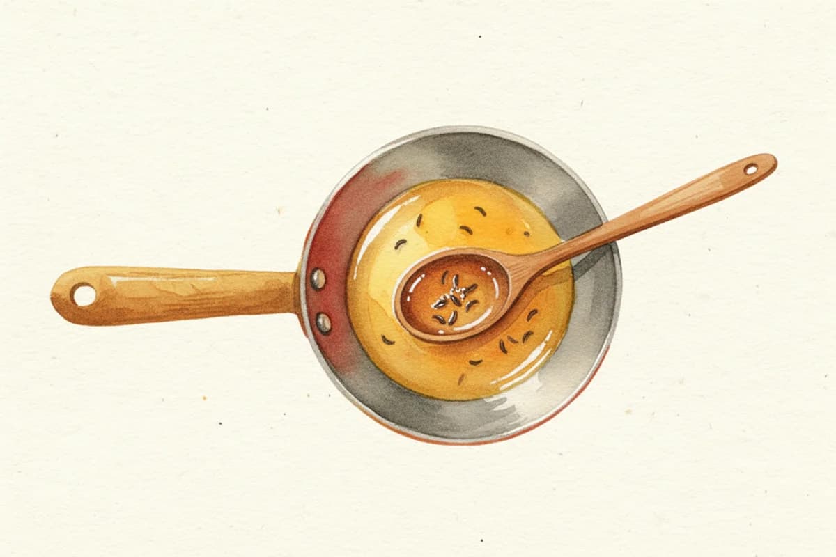 A measured teaspoon of cooking oil being added to a traditional Indian kadhai