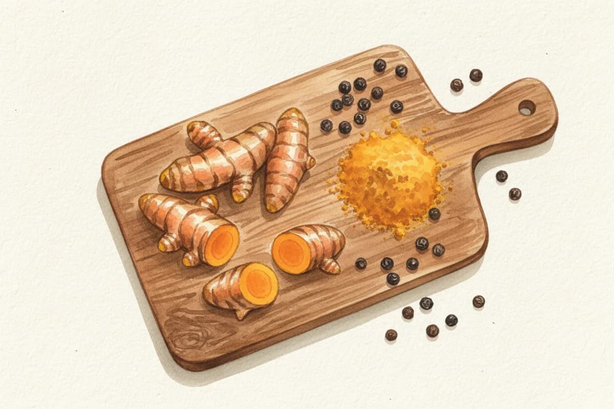 Fresh turmeric root and ground turmeric powder on a wooden cutting board